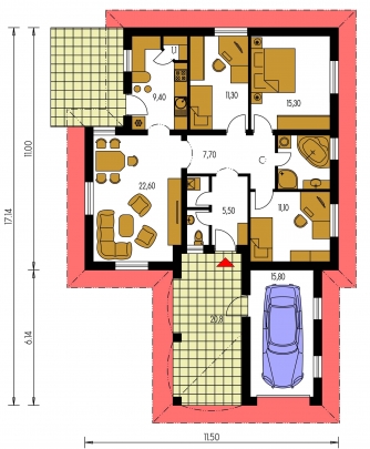 Spiegelverkehrter Entwurf | Grundriss des Erdgeschosses - BUNGALOW 73